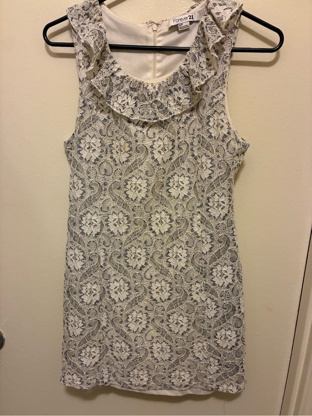 Forever 21 White and Navy Lace Ruffle-Neck Mini Dress